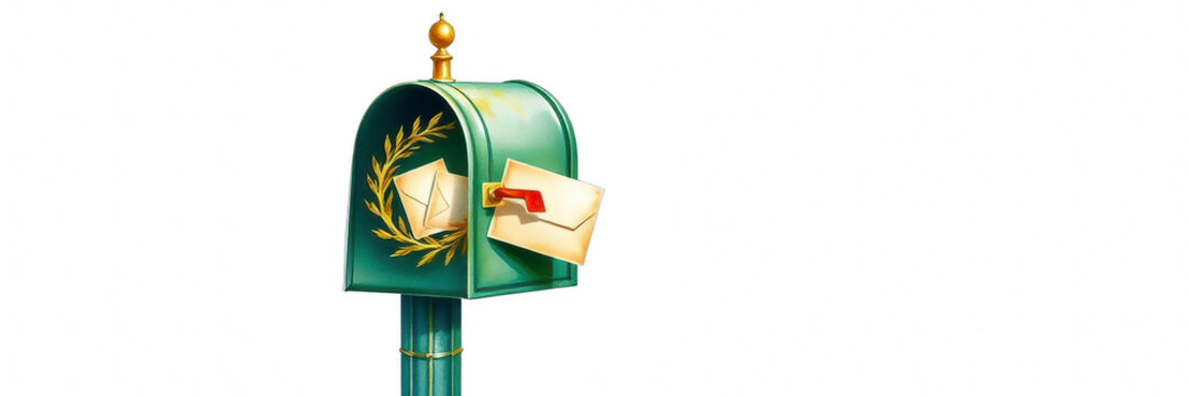 Vintage green mailbox with letters and laurel wreath