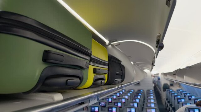 Suitcases resting in overhead luggage compartment while passengers wait for departure with personal screens turned on inside the modern and illuminated airplane cabin