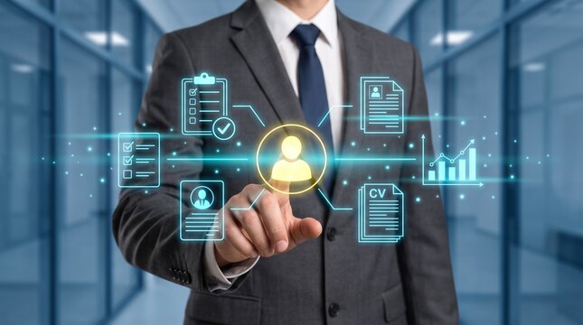 Professional Recruiter Selecting Ideal Candidate Using Digital Human Resources Management System Interface for Talent Acquisition Strategy