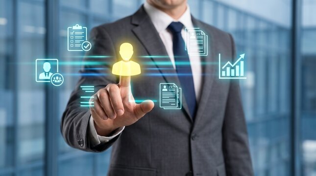 Professional businessman selecting best job candidate from digital profile interface for corporate recruitment and hiring process in office environment
