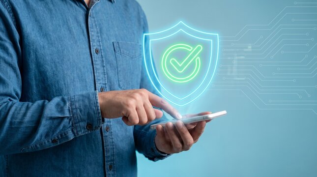 Man using smartphone with a glowing security shield icon for mobile data protection and cyber safety