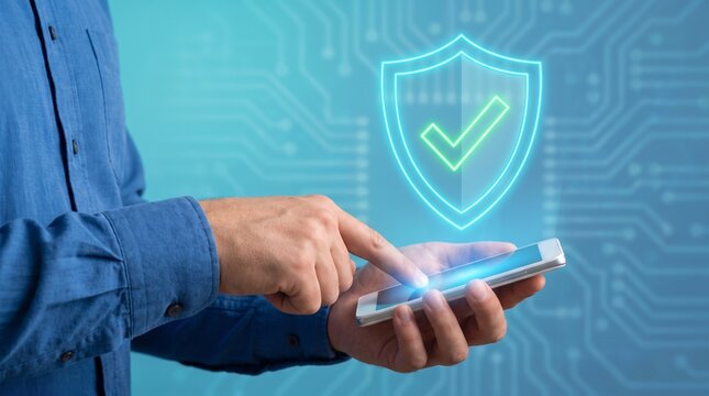 Man inspecting mobile security and digital compliance certification on smartphone interface with glow shield icon for data protection