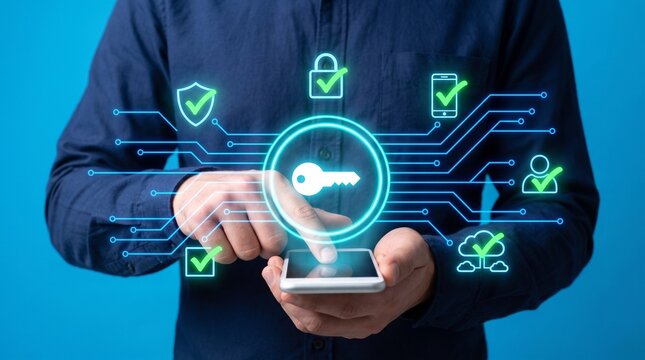Man activating cybersecurity key lock on smartphone for data protection and network safety