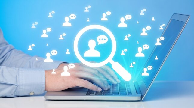 Professional person typing on laptop searching for talent through digital social network recruitment icons