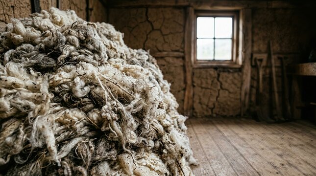  Raw sheep wool mockup featuring pile of natural unprocessed fleece on wooden floor inside rustic barn beside cracked clay wall and square window