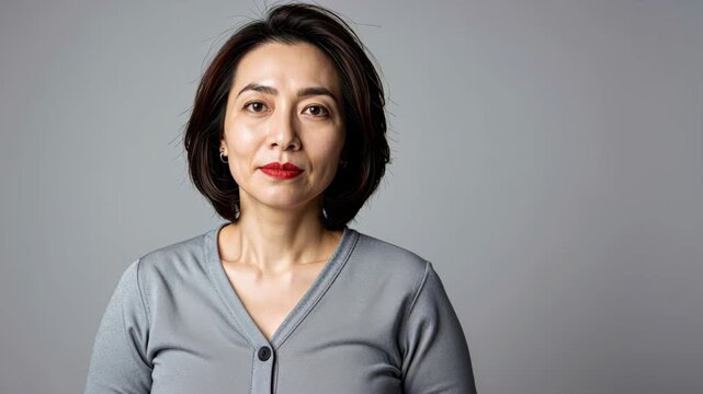 Middle-aged woman with red lipstick: Portrait of a middle-aged woman with short black hair and red lipstick, looking directly at the camera with a serious expression.