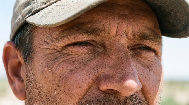 Weathered man face closeup featuring bearded male portrait with deep skin wrinkles and pores wearing fabric baseball cap on blurred outdoor background