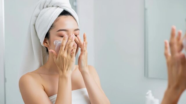 Skincare Ritual: A young Asian woman with a towel wrapped around her hair applies cream to her face in front of a bathroom mirror, embodying a moment of self-care and beauty.
