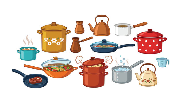 Kitchen cookware and utensils set with pots pans kettles skillet and steamer cooking food isolated on white background vector illustration