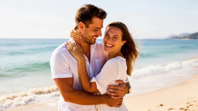 Coastal Bliss: A radiant couple shares a tender embrace on a sun-drenched beach, their laughter echoing the joy of a perfect vacation.