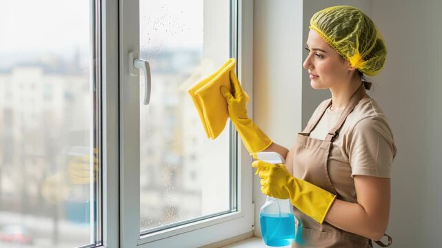 Window Cleaning Professional: A diligent cleaning professional wearing yellow gloves and a hairnet meticulously cleans a window with a spray bottle and yellow cloth, ensuring a spotless finish.