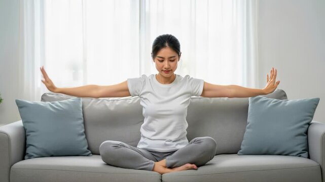 Serene Yoga Session at Home: A woman performs a seated yoga pose on her couch, eyes closed, exuding calm and inner peace, with her arms extended outwards.