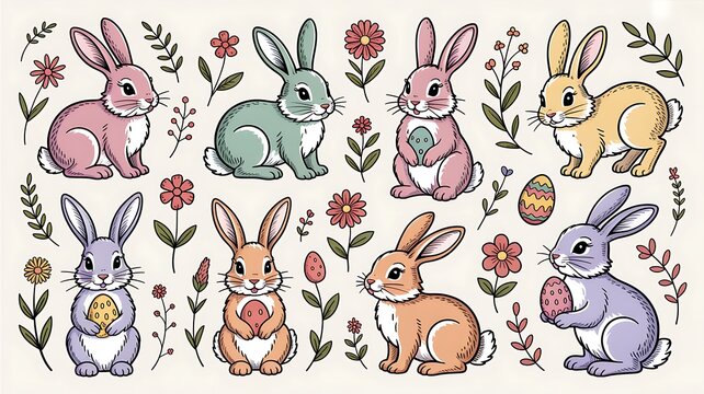 Hand-drawn vintage bunny vector set. Sketchy spring hares in pastel colors. Retro woodland rabbit lineart collection. 