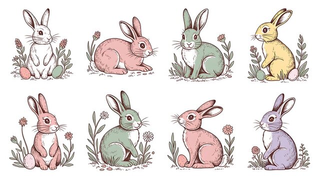 Hand-drawn vintage bunny vector set. Sketchy spring hares in pastel colors. Retro woodland rabbit lineart collection. 