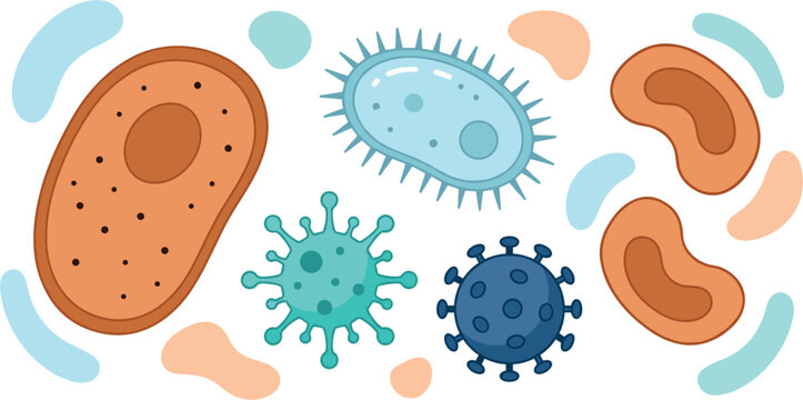 Microscopic virus and bacteria cell vector illustration set featuring different pathogens germs and micro organisms isolated on a white background.