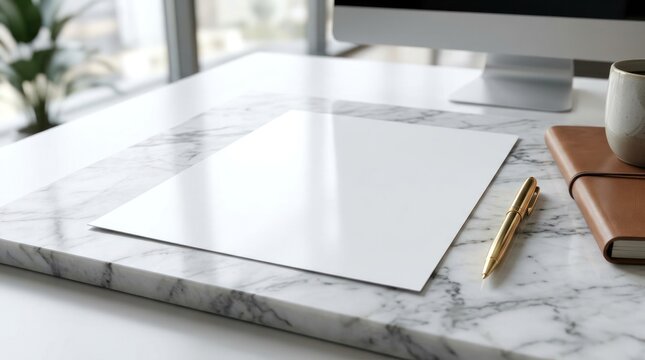 Clean desk setup with blank paper and writing utensil for office work