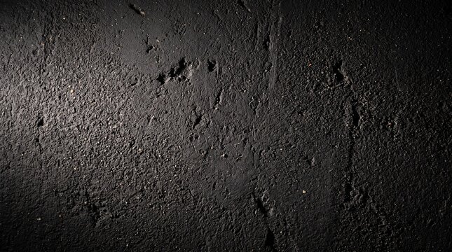 A high-contrast close-up shot of a dark black plaster wall with a rough, uneven texture featuring small pits, cracks, and granular details, stone, coa