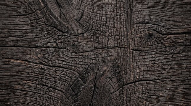 Close-up of charred black wood surface with intricate burnt oak grain patterns, deep cracks, and rough texture. Background, charcoal, carbon, timber.