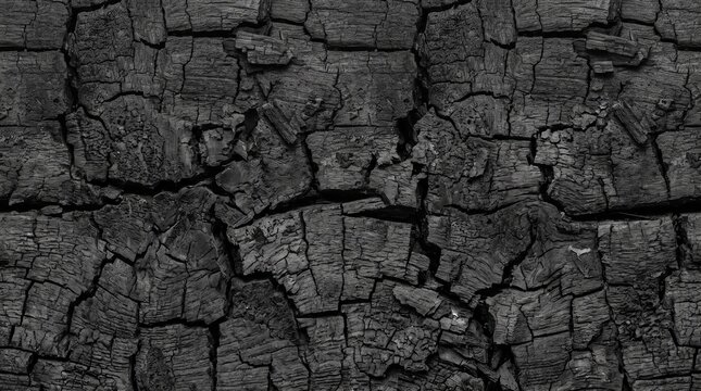 Deeply charred black wood surface with a dense network of intricate cracks and rough coal-like texture, burnt timber, soot, ash, carbon, dark, crack.