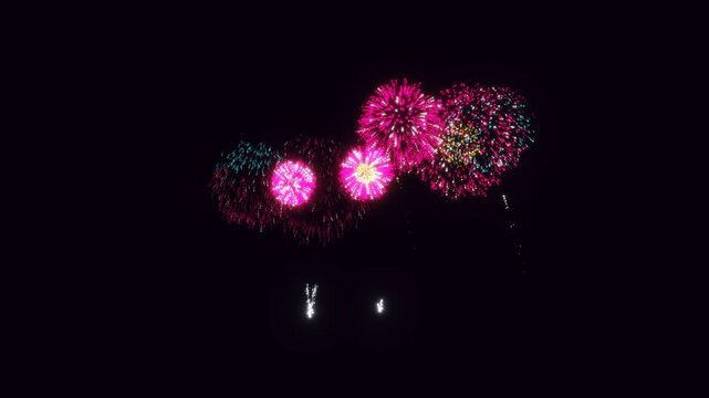 3D Render A vibrant fireworks display against a deep night sky with colorful explosions in the upper left quadrant