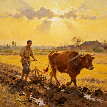 Oil Painting Farmer Ploughing With Ox At Sunset Rural Countryside