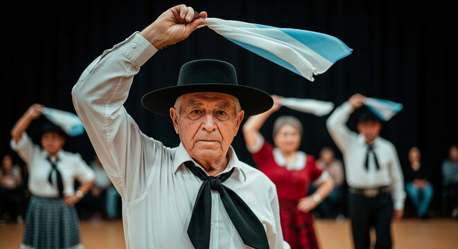Senior Argentine Gaucho Dancer Performing Traditional Folklore Zamba Dance with a Blue and White Handkerchief on Stage at a Cultural Event