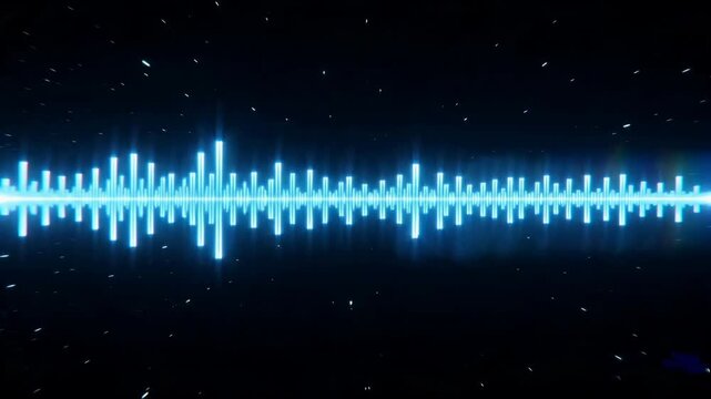 A vibrant blue digital audio waveform equalizer glowing against a dark cosmic space background with stars.