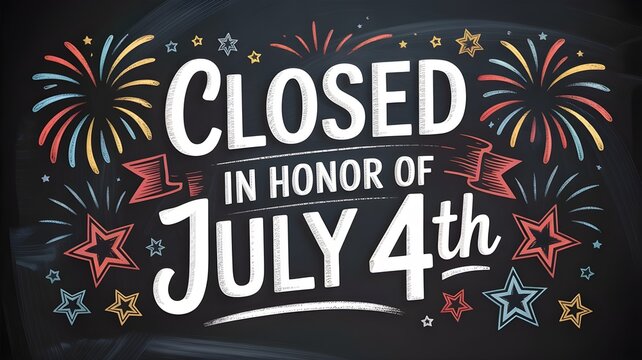 Closed in honor of july 4th sign, independence day holiday announcement on chalkboard background with fireworks and stars illustration for business closure notice