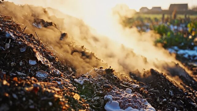 Steaming organic compost pile emitting heat and vapor in warm golden sunlight for sustainable gardening.