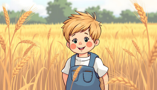 Child in wheat field with German bread, clipart style. White tone