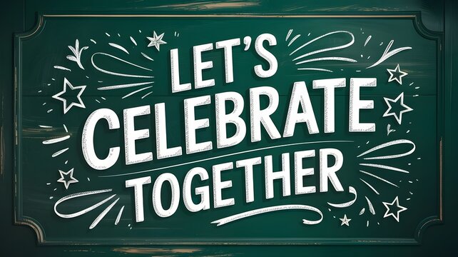Lets celebrate together chalkboard sign with white handdrawn lettering and decorative stars on a dark green textured background for party invitations and festive announcements