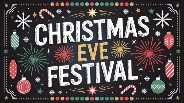 Christmas eve festival chalkboard poster design with festive ornaments, fireworks, snowflakes, and candy canes on a dark background