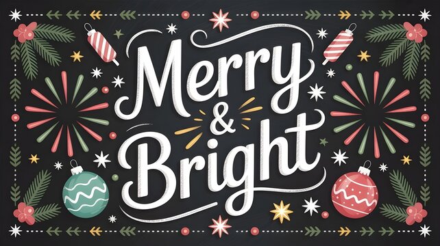 Merry and bright christmas chalkboard greeting card design with festive decorations, pine branches, ornaments, and star elements on a dark background
