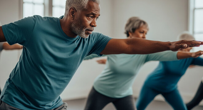 Healthy Senior African American Man Participating in Group Yoga Class with Diverse Elderly Friends in a Bright Wellness Fitness Studio Setting