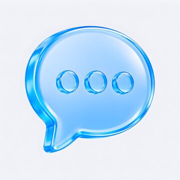3D chat bubble icon with dots isolated on white background, concept of message, conversation, and communication. Transparent blue liquid glass icon. 3D rendering