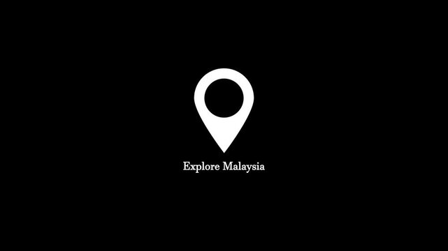 Minimalist explore malaysia map pin motion graphic animation with text on black background, looping location marker symbol for travel, tourism, destination, navigation, and holiday concept.