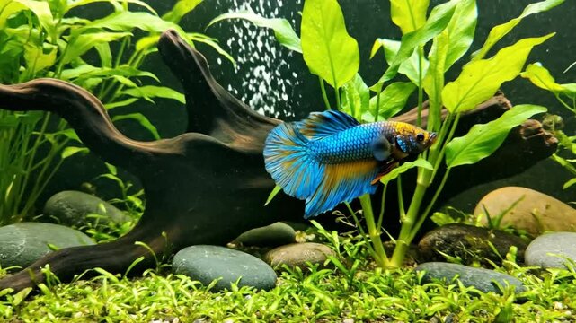 Beautiful Betta fish with vibrant blue and yellow fins gracefully swimming around aquatic plants and decorative driftwood in a freshwater aquarium