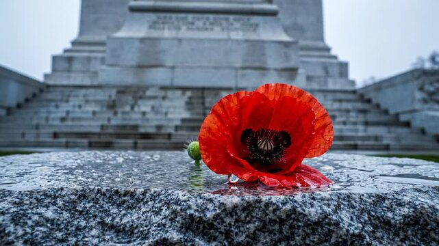 Red poppy flower on a wet granite surface with memorial monument in the background to commemorate remembrance day