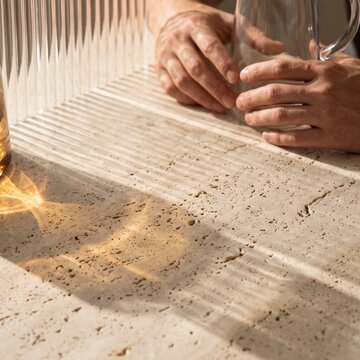 Close up of person's hands holding a clear glass pitcher on a beige travertine stone surface illuminated by warm sunlight through reeded glass