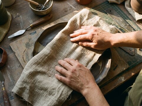 Potter's hands pressing textured linen cloth onto a hand-crafted ceramic plate in a cozy craft workshop
