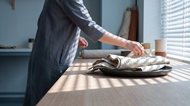 Female artisan or designer arranging natural linen fabric on a wooden table near a window with sunlight and shadows in a cozy creative studio workspace