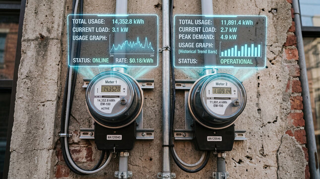Electric meter energy monitor power usage electricity digital display utility meter current load peak demand usage graph industrial meter