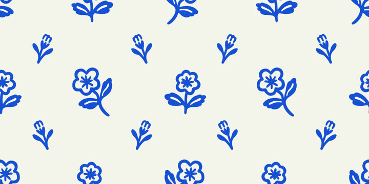 Blue flower art seamless pattern illustration. Organic nature floral background in vintage style. Spring season decoration texture, drawing print.