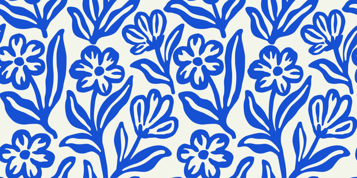 Blue flower art seamless pattern illustration. Organic nature floral background in vintage style. Spring season decoration texture, drawing print.