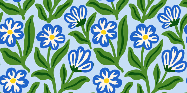Abstract flower art seamless pattern illustration. Organic nature floral background in vintage style. Spring season decoration texture, drawing print.