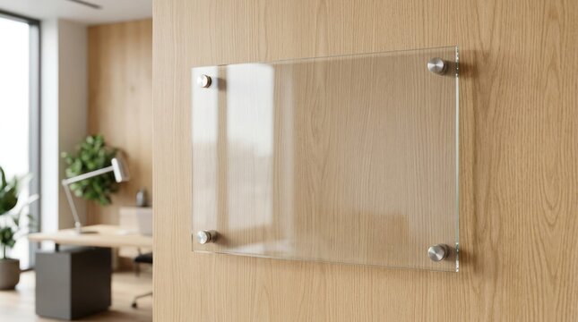 Modern office interior with clear glass sign mounted on wood wall