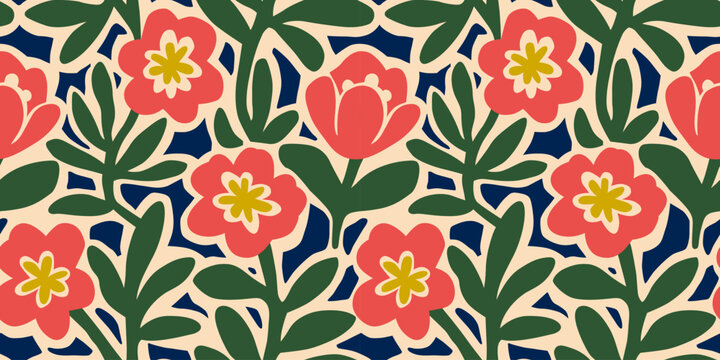 Abstract flower art seamless pattern illustration. Organic nature floral background in vintage style. Spring season decoration texture, drawing print.