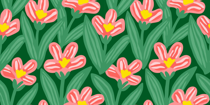 Abstract flower art seamless pattern illustration. Organic nature floral background in vintage style. Spring season decoration texture, drawing print.