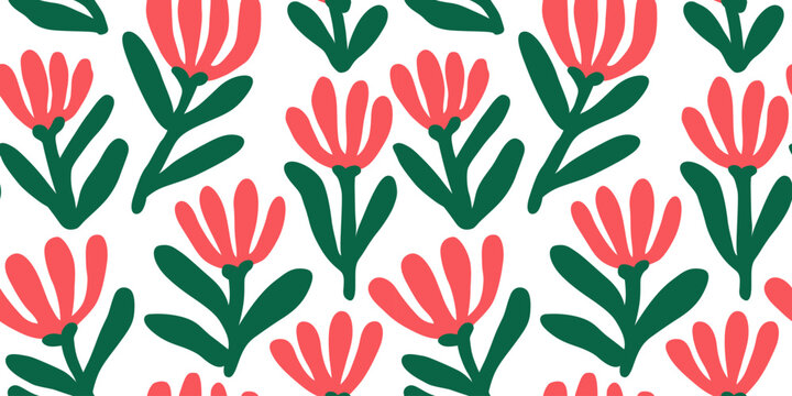 Abstract flower art seamless pattern illustration. Organic nature floral background in vintage style. Spring season decoration texture, drawing print.