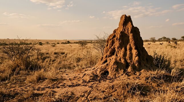 Large termite mound in an african savanna landscape